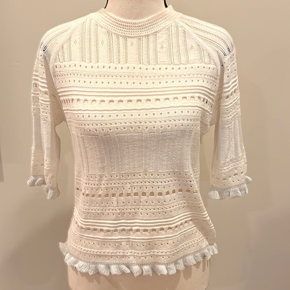 Cistar New York White Silver Pointelle Short Sleeve Sweater Medium NWT